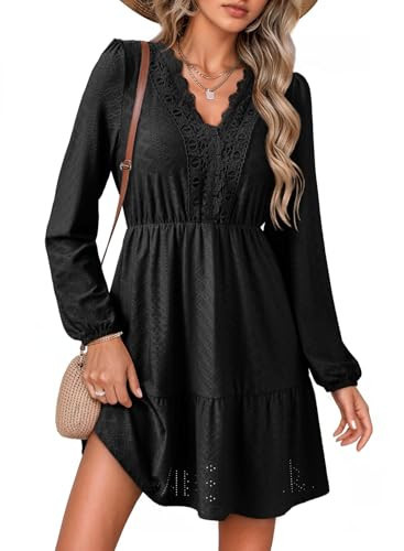Dokotoo Fall Dresses for Women Lace Hollow Out Flowy Dress, Black, X-Large | Amazon (US)