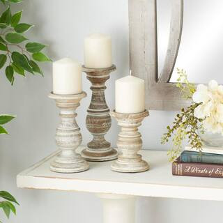 Litton Lane Cream Mango Wood Turned Style Pillar Candle Holder (Set of 3) 51326 - The Home Depot | The Home Depot