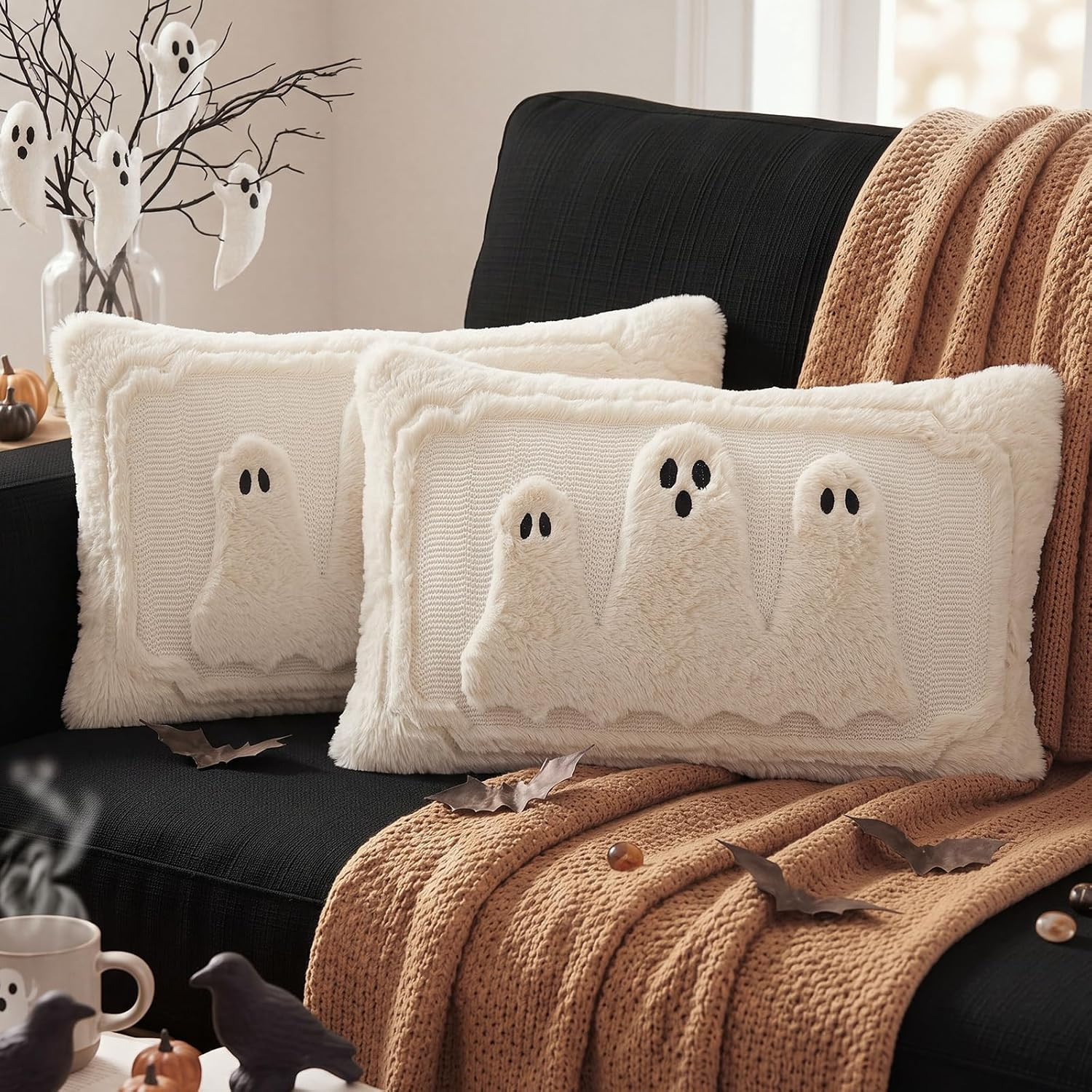 Moukeren 2 Pcs Halloween Ghost Pillow Covers 12x20 Inch Lumbar Pillow Case | Amazon (US)