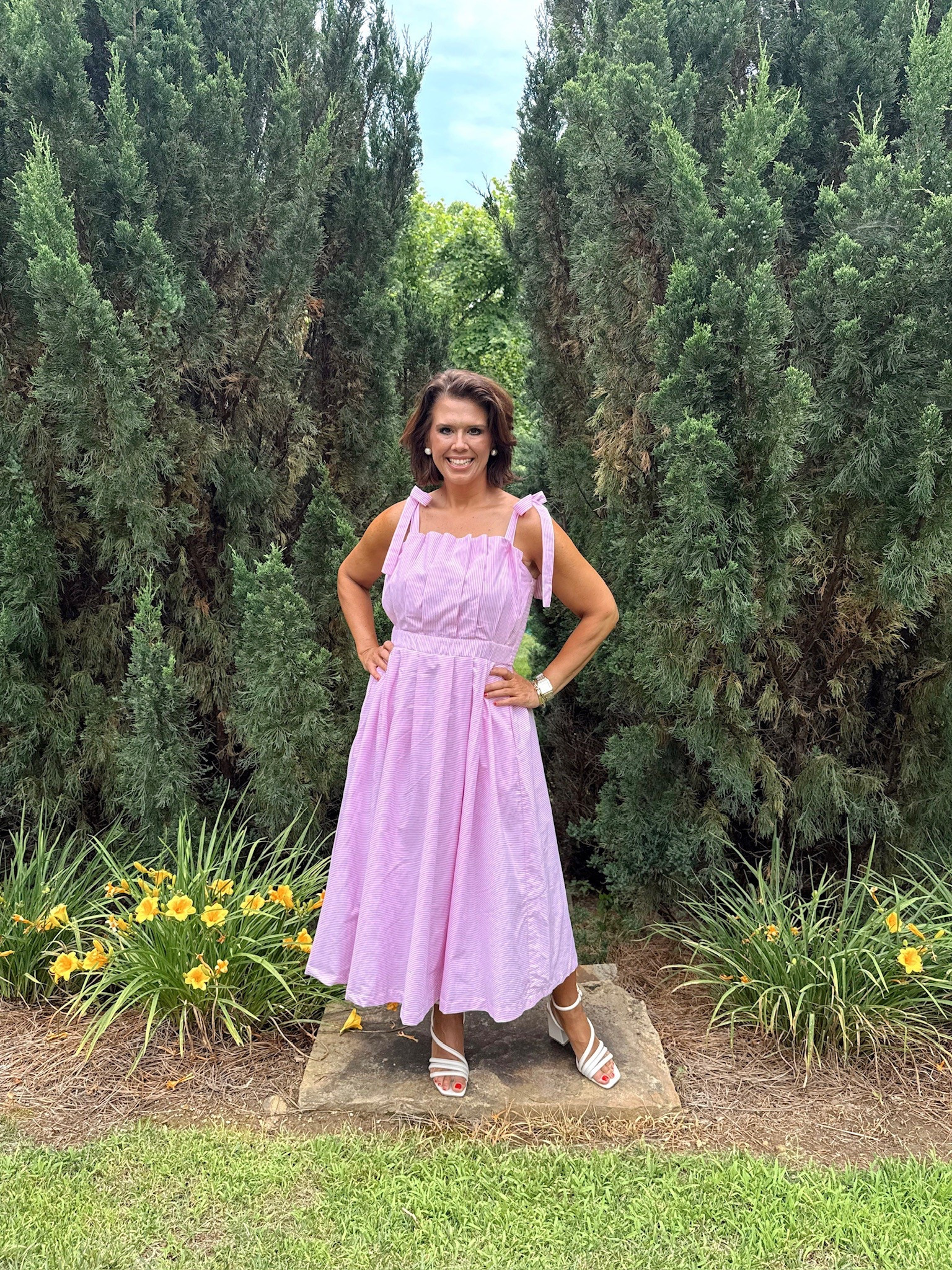 Pink and white stripe pleated top midi dress with bow ties at shoulders. 💞

Sis is wearing  size L

#LTKFindsUnder100 #LTKStyleTip #LTKSummerEdit