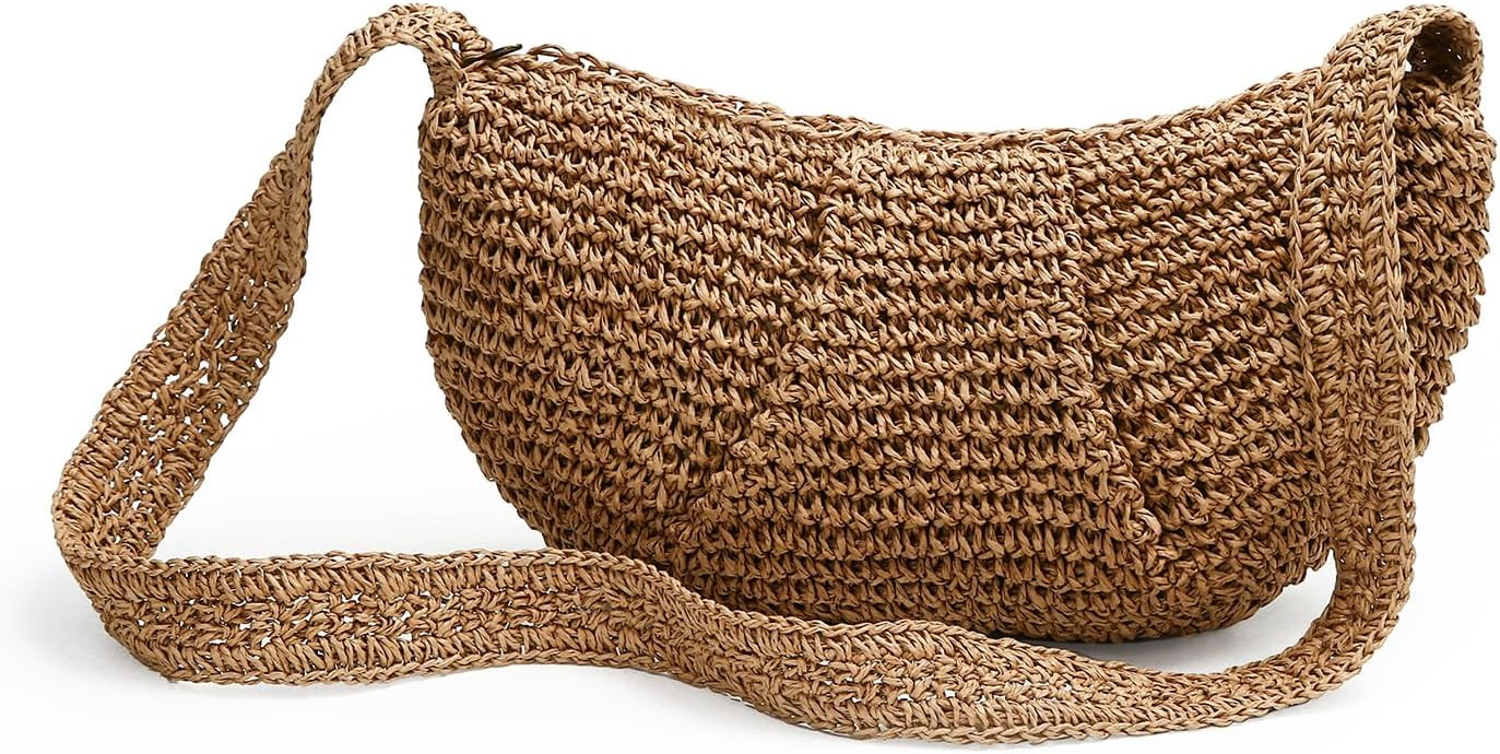 Herald Small Pleated Crescent Straw Woven Crossbody Bag for Women, Ruched Handmade Summer Beach S... | Amazon (US)