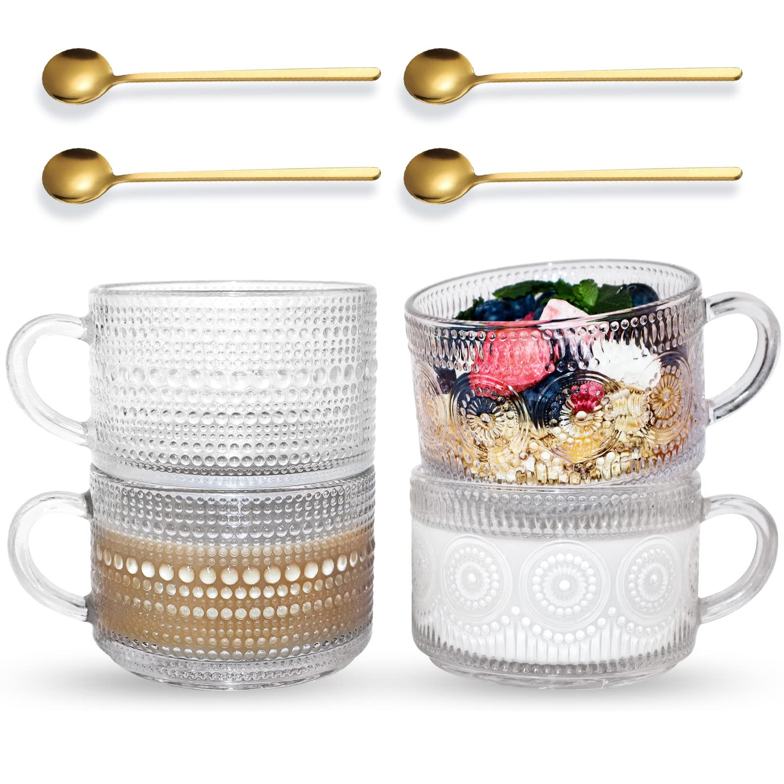 Juego de 4 tazas de café vintage, tazas de vidrio con cucharas, elegantes tazas de té en reliev... | Amazon (US)