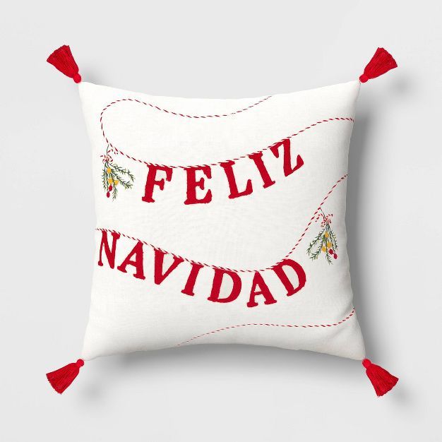 &#39;Feliz Navidad&#39; Embroidered Applique Christmas Square Throw Pillow Cream - Threshold&#848... | Target