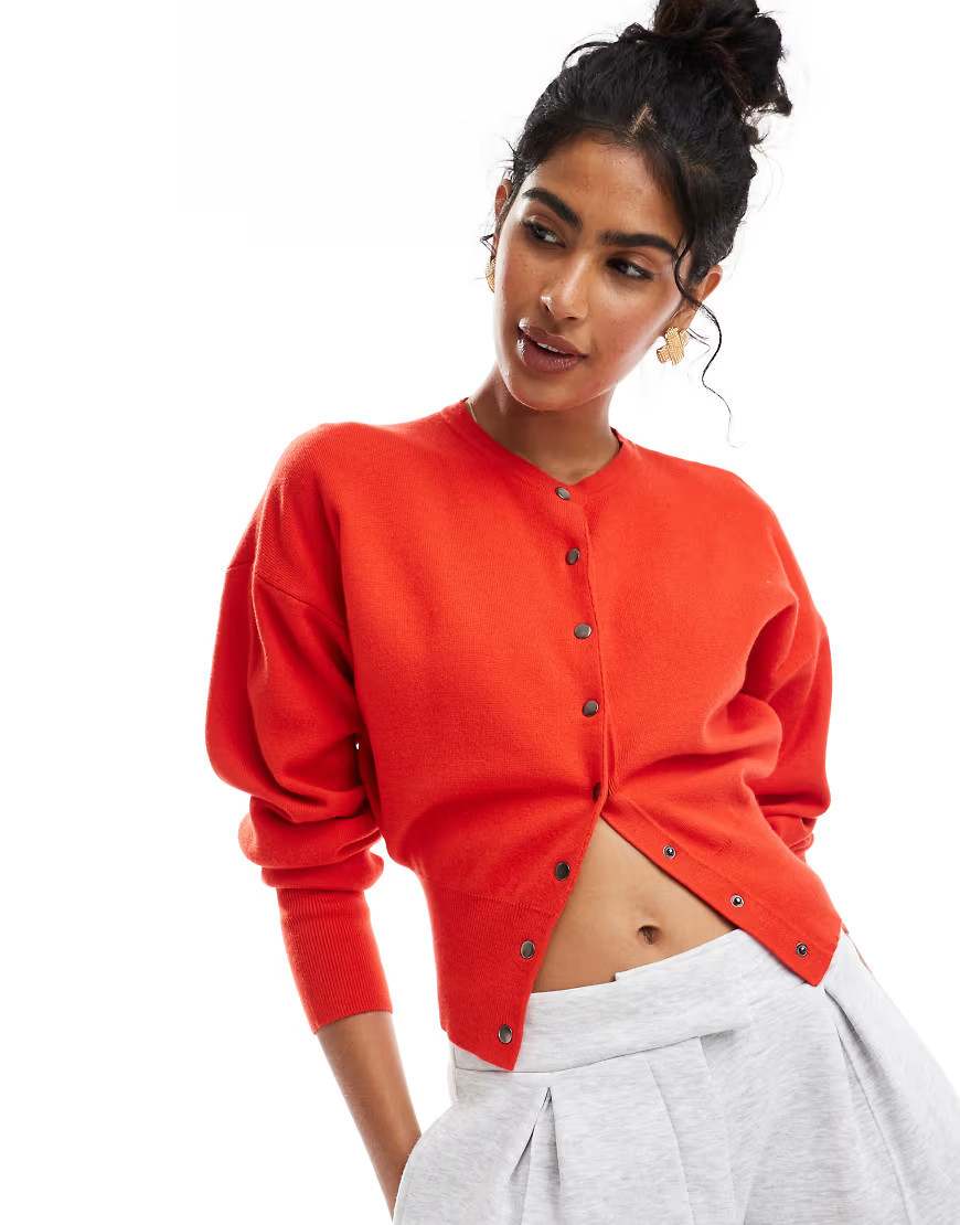 ASOS DESIGN crew neck cardigan with rib hem detail in red | ASOS (Global)