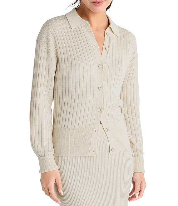 Ribbed Knit Long Sleeve Point Collar Polo Coordinating Cardigan | Dillard's
