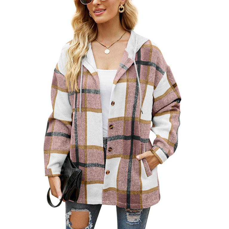 MOSHU Flannel Shirts for Women Button Down Plaid Shirt Hooded Shacket Jacket with Pocket | Walmart (US)