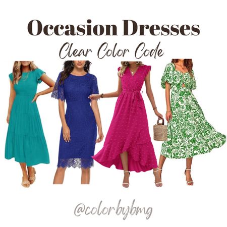 Clear Color Code Occasion Dresses

Clear Winter or Clear Spring

Dress colors from left to right:

1. Peacock
2. Royal
3. Swiss Dot Red Rose
4. Print Grass Green

#LTKfindsunder50 #LTKstyletip