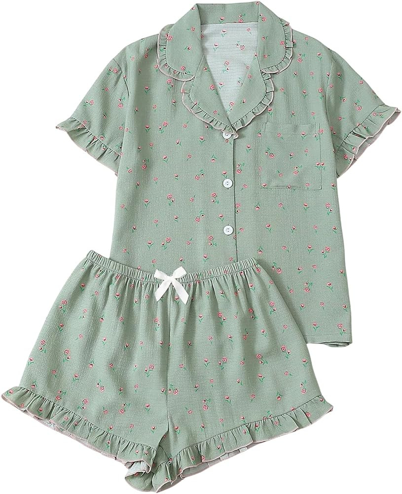 Verdusa Women's 2 Piece Pajama Set Cute Summer Pjs Sets Sleepwear Button Up Lounge Sets | Amazon (US)