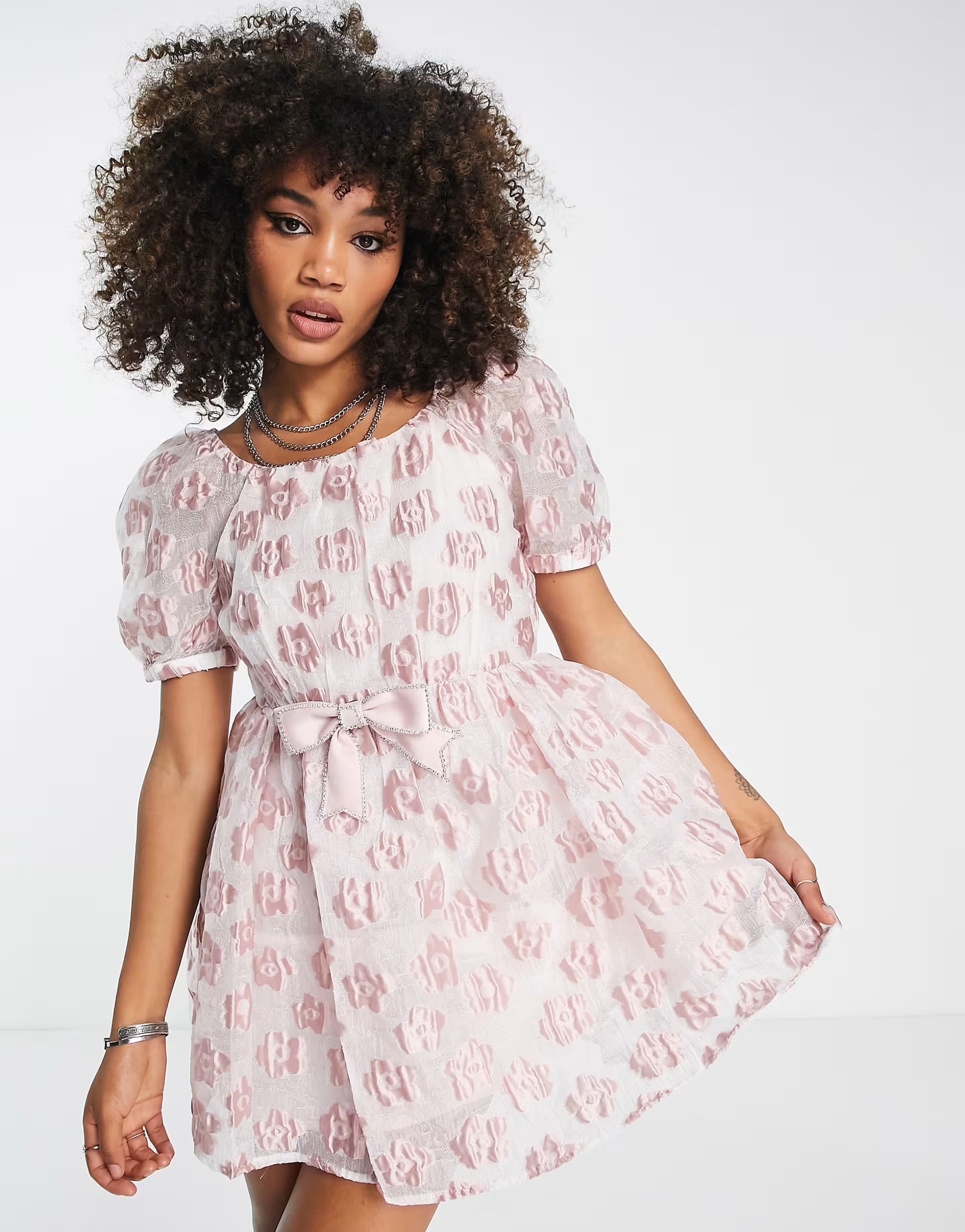 Sister Jane mini babydoll dress in pink floral jacquard with bow | ASOS (Global)