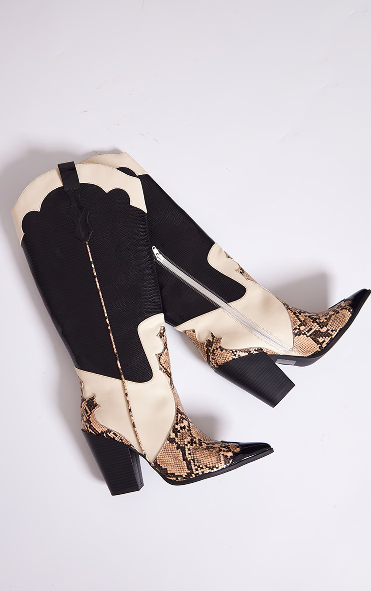 Black Wide Fit Textured Snake Western Knee Boots | PrettyLittleThing US