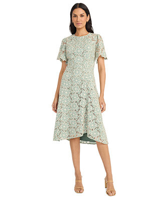 Women's Floral-Lace Short-Sleeve Midi Dress | Macy's