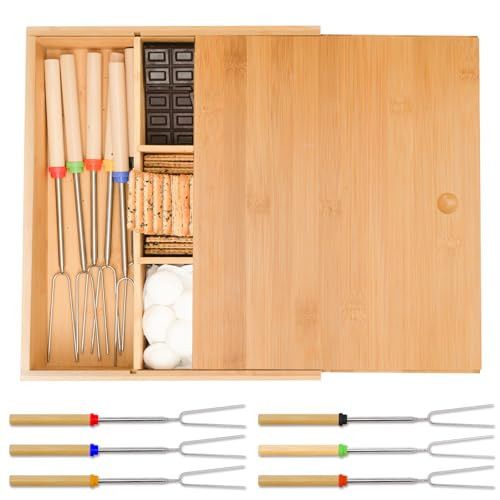 Smores Kits,Bamboo Smores Box with a Lid,Smores Caddy with 6Pcs Extendable Marshmallow Roasting Sticks,Exquisite Smores Kit for Fire Pit Outdoor - Perfect for Outdoor Parties, Entertaining, Camping | Amazon (US)