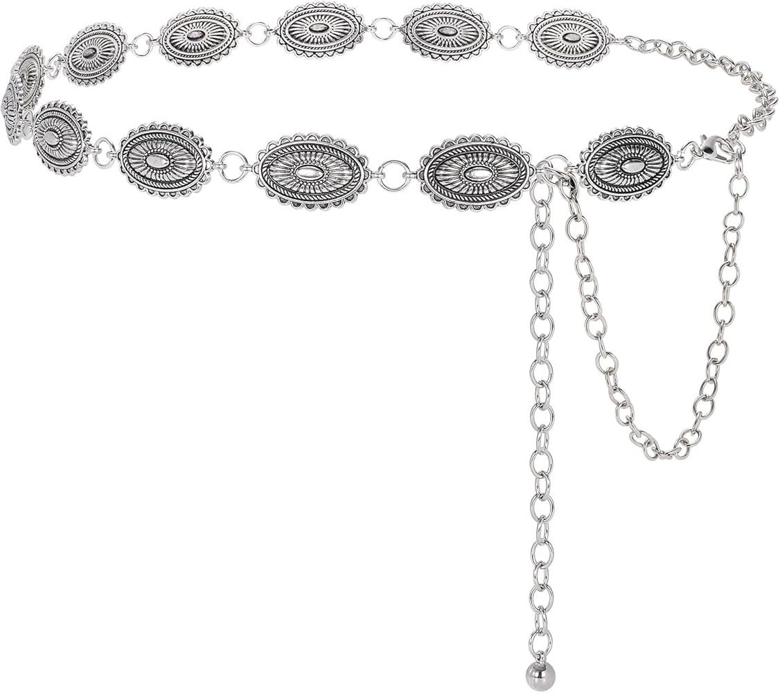 WERFORU Women Western Concho Metal Chain Belt Cowgirl Boho Waist Belt for Dress Jeans | Amazon (US)