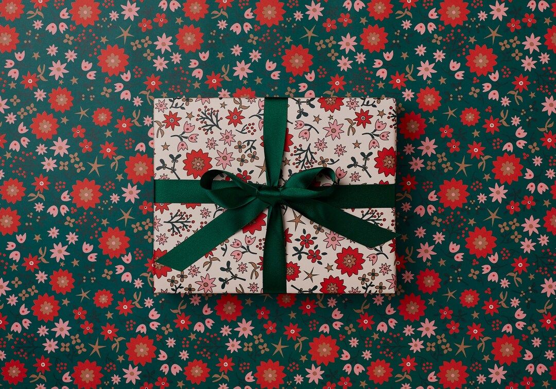 Retro Scandi Floral Christmas Gift Wrap Double Sided  Retro - Etsy | Etsy (US)