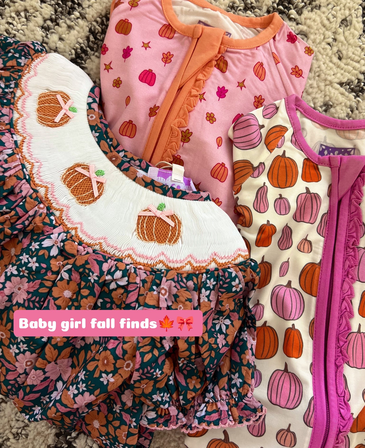 Starting fall shopping for baby girl 🍁🎀 love these pumpkin pajamas and bubble for September and October 
Baby fall clothes
Baby fall bubble 
Smocked bubble 

#LTKSeasonal #LTKBaby