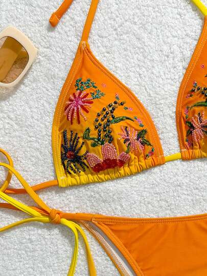 Swim Mod Embroidered Summer New Halter Strap Women's Swimsuit Ombre Floral Beaded Triangle Bi... | SHEIN