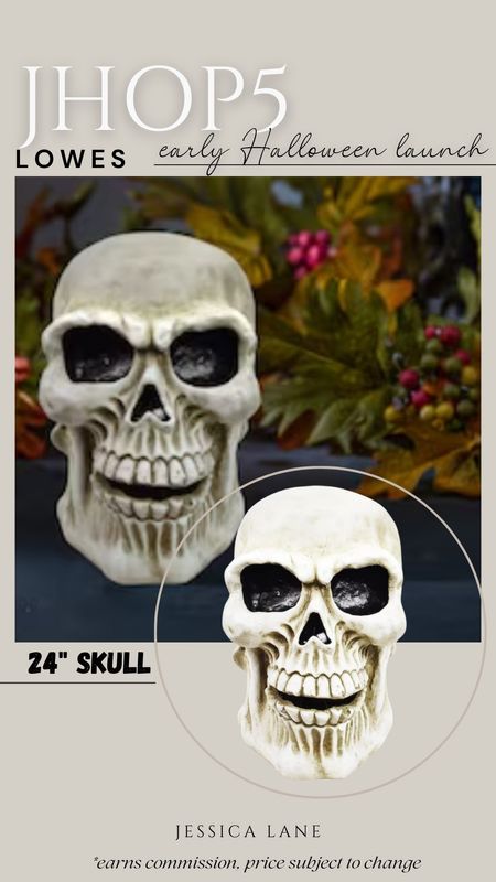 Lowe's early Halloween launches here! Check out this 24-in decorative skull, perfect for your front porch. Halloween decor, Halloween porch work, outdoor Halloween decor, Giant skull, Lowe's Halloween, Lowe's creator, Lowe's affiliate

#LTKSeasonal #LTKHome