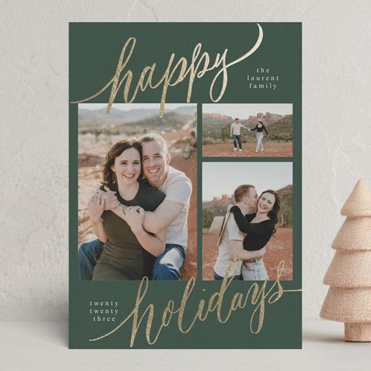 "Tri-photo Happy Holidays" - Customizable Foil-pressed Holiday Cards in Brown by Elsa Duncan. | Minted