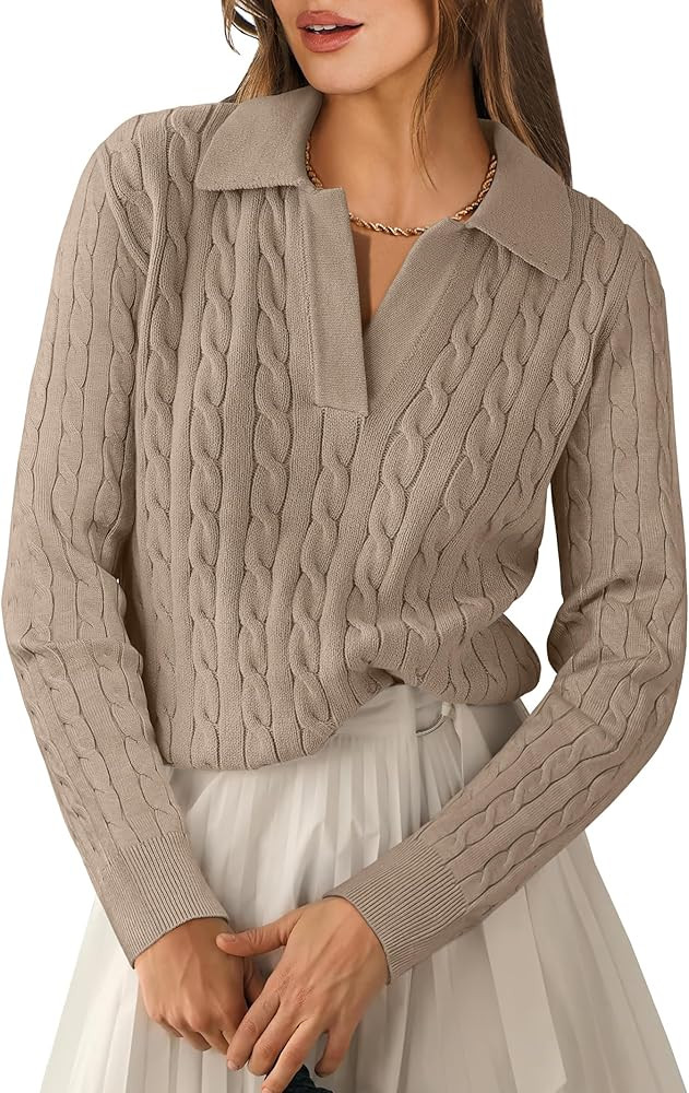ANRABESS Womens Cable Knit Sweaters Long Sleeve V Neck Sweater Tops Casual Pullover Polo Shirts 2... | Amazon (US)