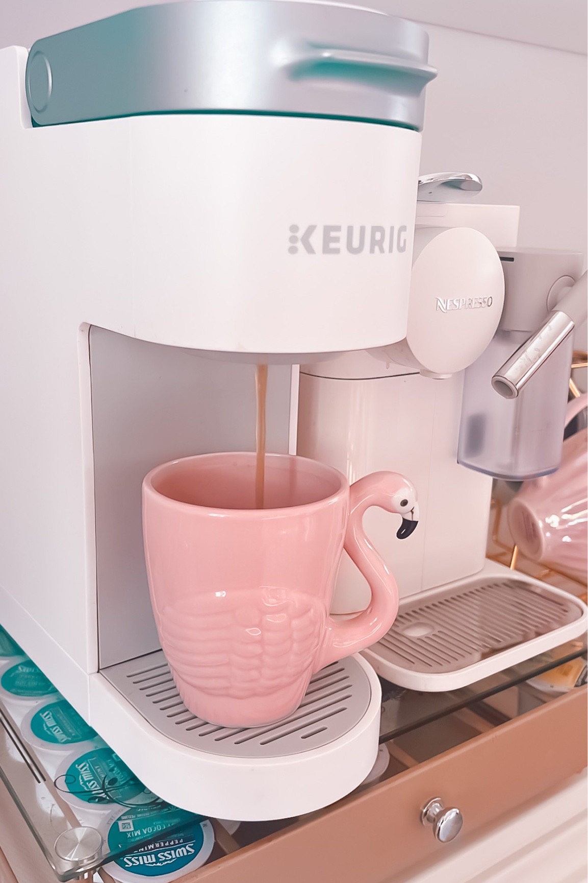 Coffee bar, featuring my fun little flamingo mug! Keurig coffee machine, k cup organizer, pink mug, white coffee bar accessories. 

#LTKhome #LTKFind #LTKfamily