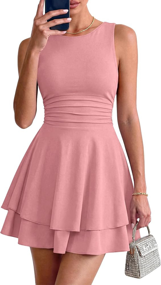 PRETTYGARDEN Women's 2026 Summer Mini Dress Sleeveless Ruched A Line Ruffle Flowy Short Cute Dres... | Amazon (US)