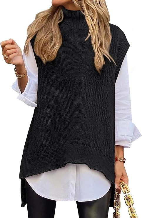ANRABESS Sweater Vest Women Turtleneck Sleeveless Loose Fit Pullover Knit Spilt Tank Tops 2025 Ca... | Amazon (US)