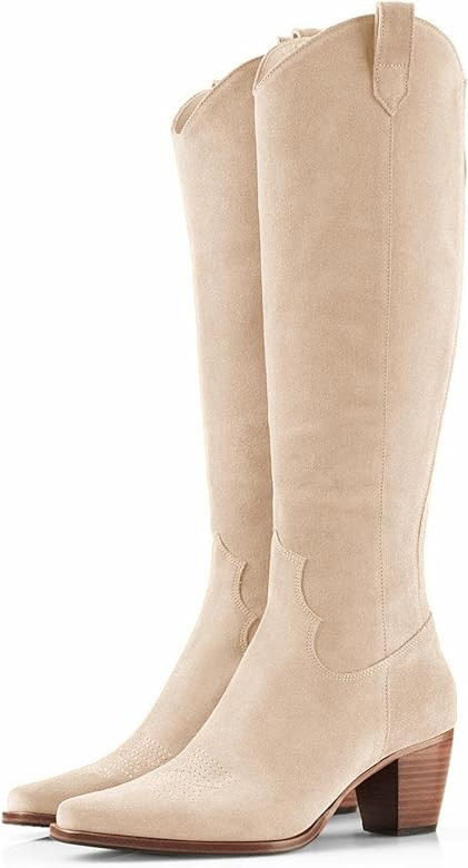 Women Cowboy Knee High Boots Suede Wide Calf Chunky Block Heel Square Toe Tall Riding Boots | Amazon (US)