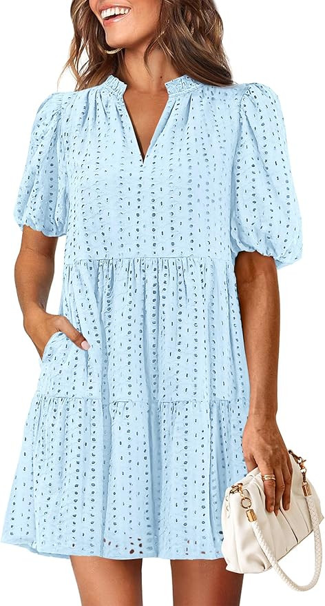 KIRUNDO Eyelet Summer Dresses for Women 2026 Mini Casual Hollow Out Short Sleeve Lace Tiered V Ne... | Amazon (US)