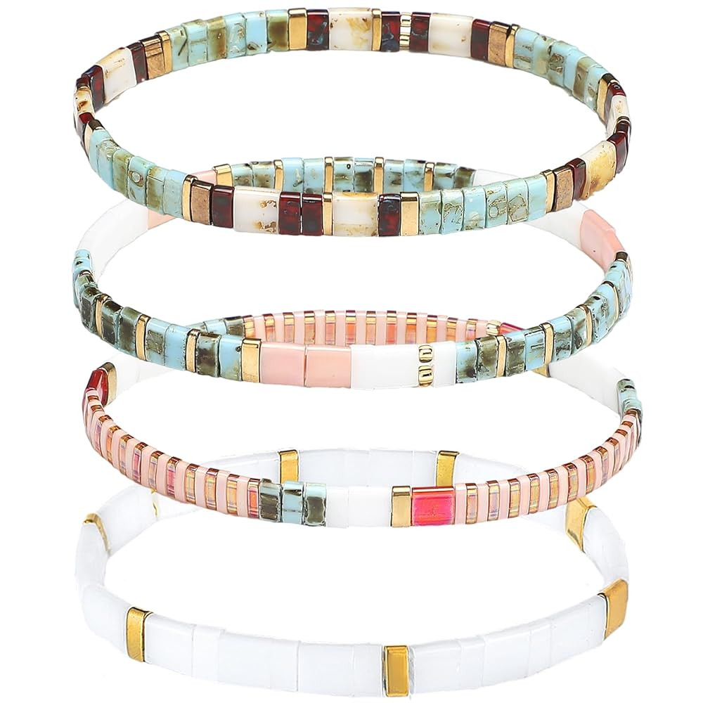 Jadive 4 Pcs Tila Flat Beaded Stretch Bracelets for Women Bohemian Friendship Bead Bracelets Glas... | Amazon (US)