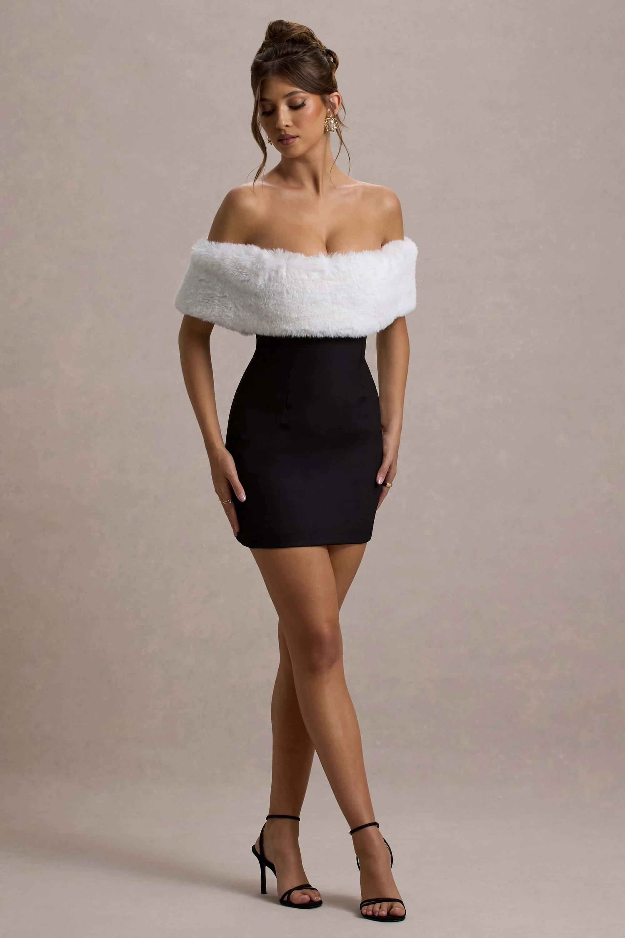 Little Luxe  Black Bardot Mini Dress With White Fur Trim | Club L London
