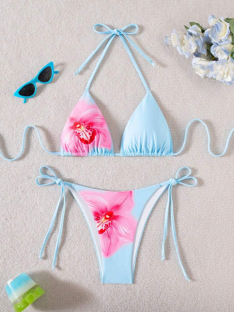 Women's Floral Print Bikini Set, Tie Front Triangle Top & Tie Side Triangle Bottom, Summer Swimsu... | SHEIN