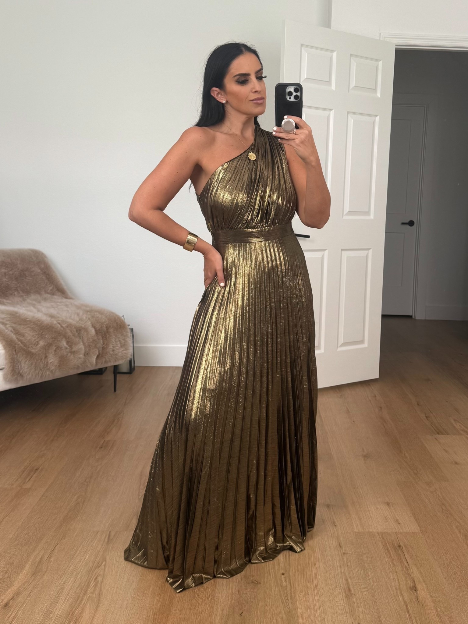 Metallic One Shoulder Sleeveless Elegant Pleated Long Dress wearing size medium. 