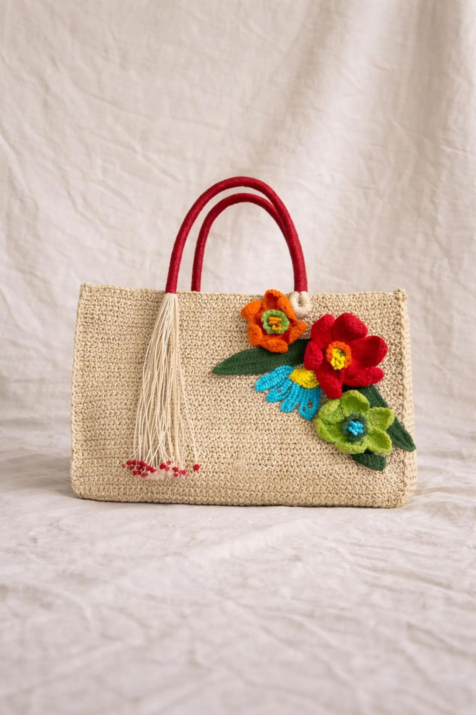 Handmade Woven Straw Tote, Crochet Flower Appliqué, Red Rope Handles, Tassel Bag | Etsy (Global)