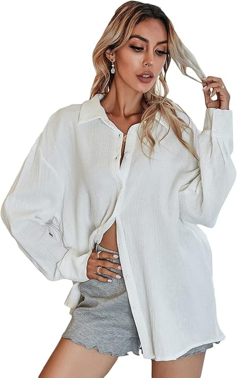 MakeMeChic Women's Oversized Button Down Shirts Collared Button Up Shirt Blouse Top | Amazon (US)