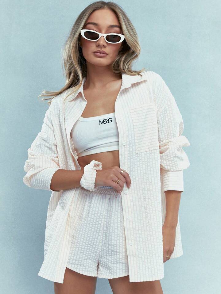 MISSGUIDED Textured Ribbed Striped Long Shirt With Pocket And Shorts Co-Ord | SHEIN