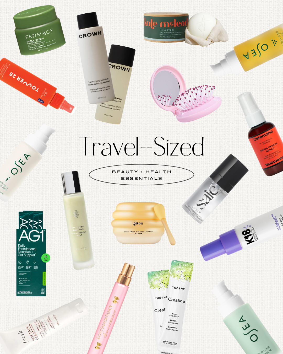 The travel-sized beauty and health essentials you'll always find in my suitcase! Carry-on and travel-friendly beauty, skincare, cosmetics, anti-aging and health products. Mini hairbrush and perfume. Mini shampoo and conditioner set. Small travel products. AG1 and creatine travel packets.

#LTKmorningroutine #LTKselfcare #LTKBeauty