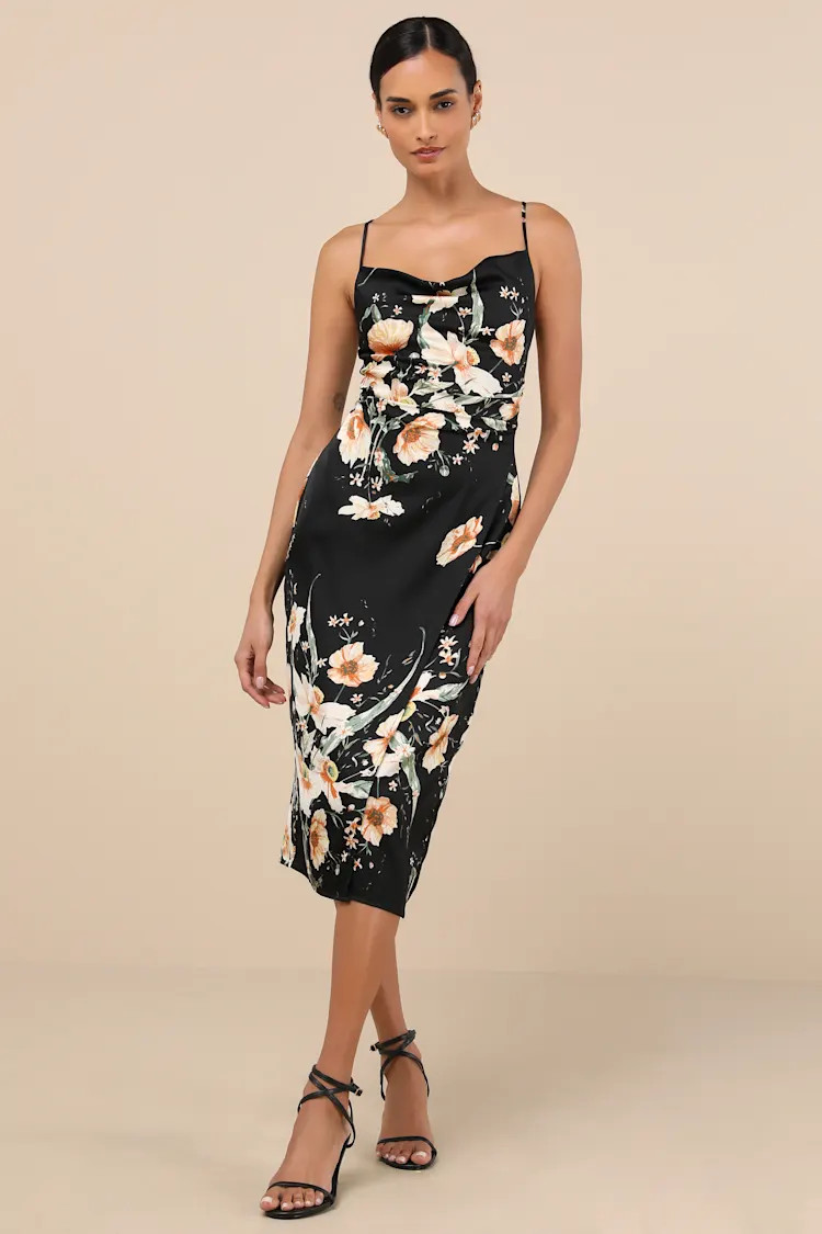 Sunny Blossom Black Floral Print Satin Cowl Neck Midi Dress | Lulus