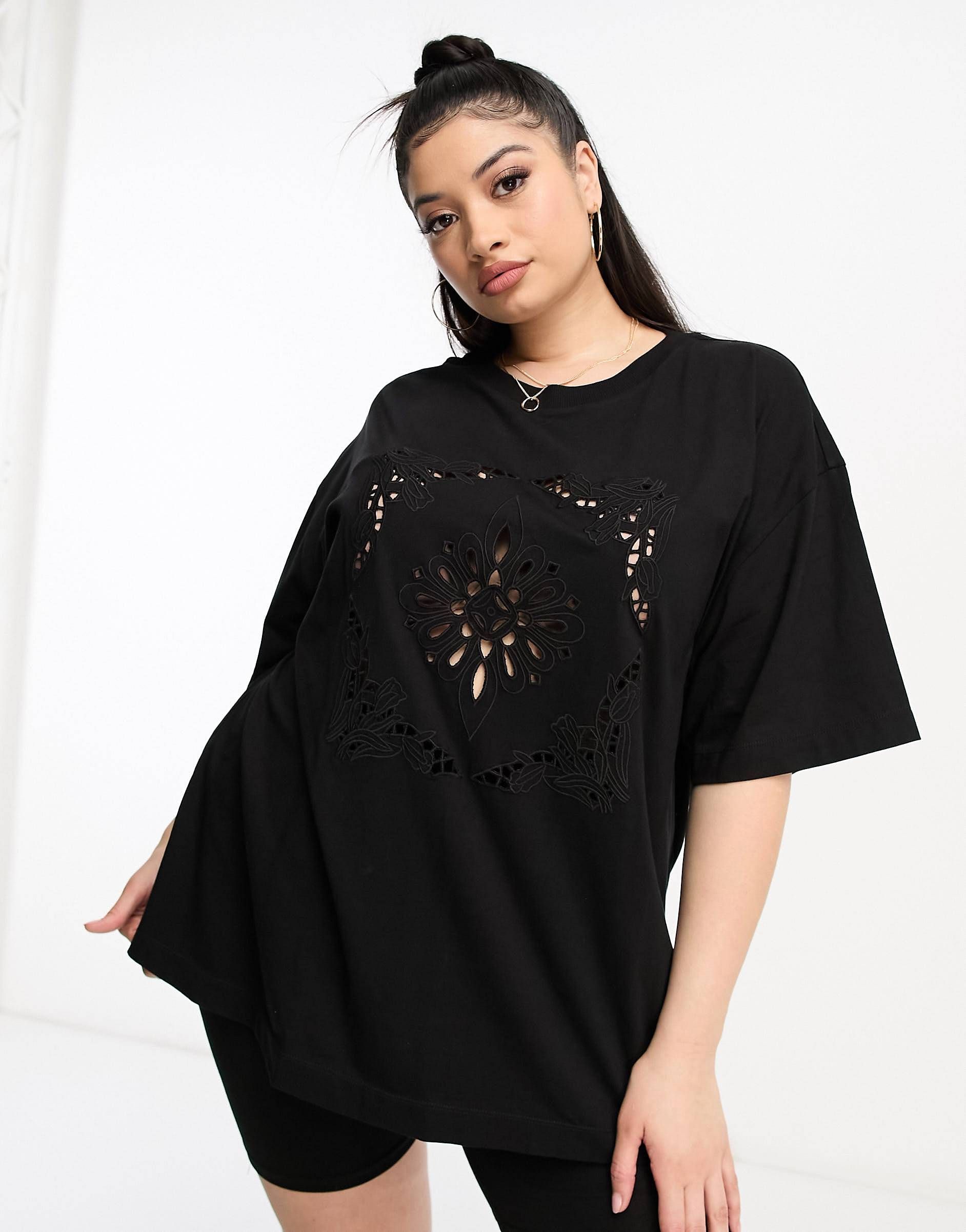 ASOS DESIGN Curve oversized T-shirt in embroidered cutwork in black | ASOS (Global)