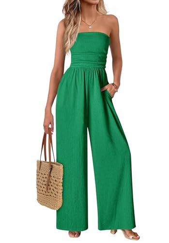 MASCOMODA Strapless One Piece Jumpsuits for Women Dressy Casual Summer Smocked Tube Top Wide Leg Rompers Vacation Outfits(Green,Medium) | Amazon (US)
