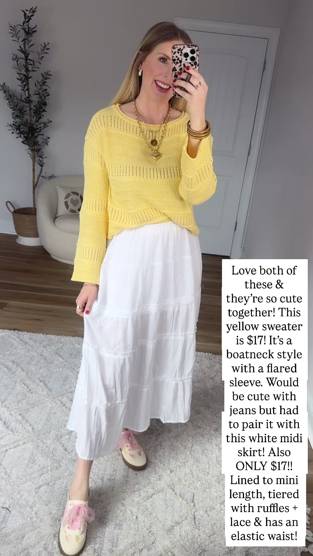 Walmart try on, Walmart outfit, Walmart fashion, yellow sweater, white midi skirt 

#LTKgrwm #LTKootd