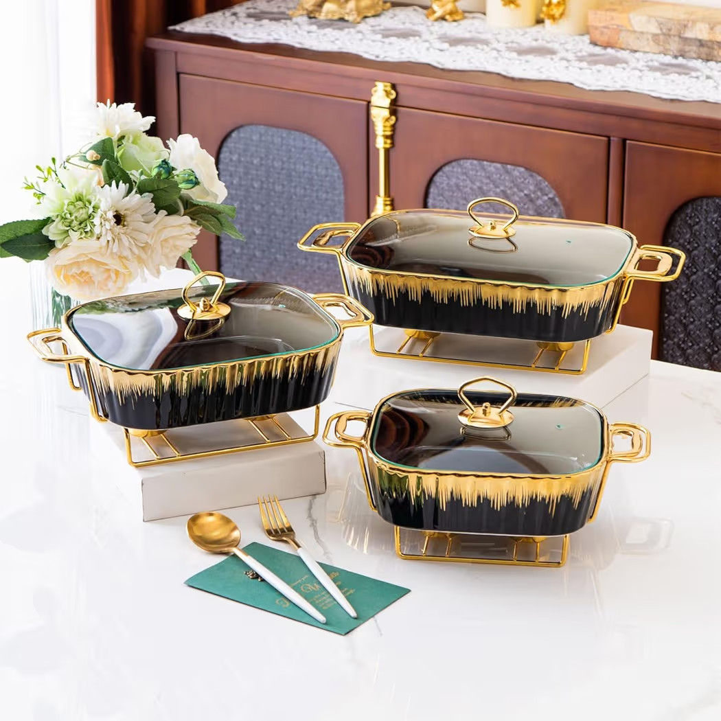 3 Piece Set Ceramic Chafing Dishes Buffet Set, Luxury Black Ceramics Chafer with Gold Trim, Chafe... | Amazon (US)
