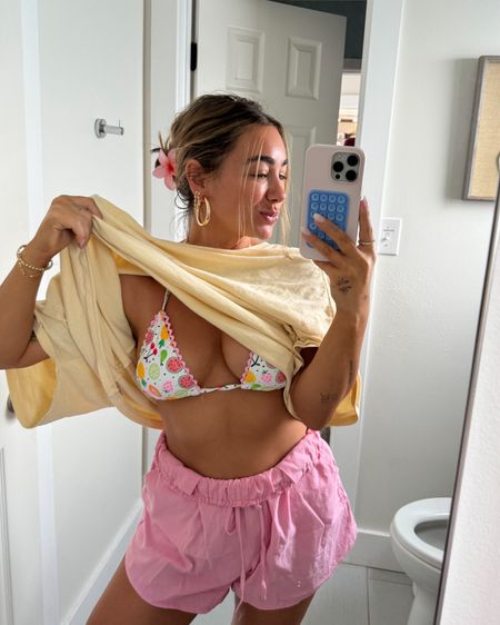 Target fruit bikini! TTS, size small in top medium in bottoms. Pink Amazon shorts are oversized, this is a medium (bought postpartum so prob would have done my normal size small if I was ordering now!)  yellow t shirt is similar size medium/large 

Beach outfit, swim outfit, vacation style 