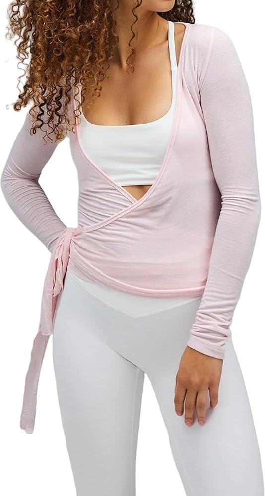 Women Wrap Top Long Sleeve Deep V Neck Cross Tie Workout Ballet Pilates Yoga Shirt | Amazon (US)