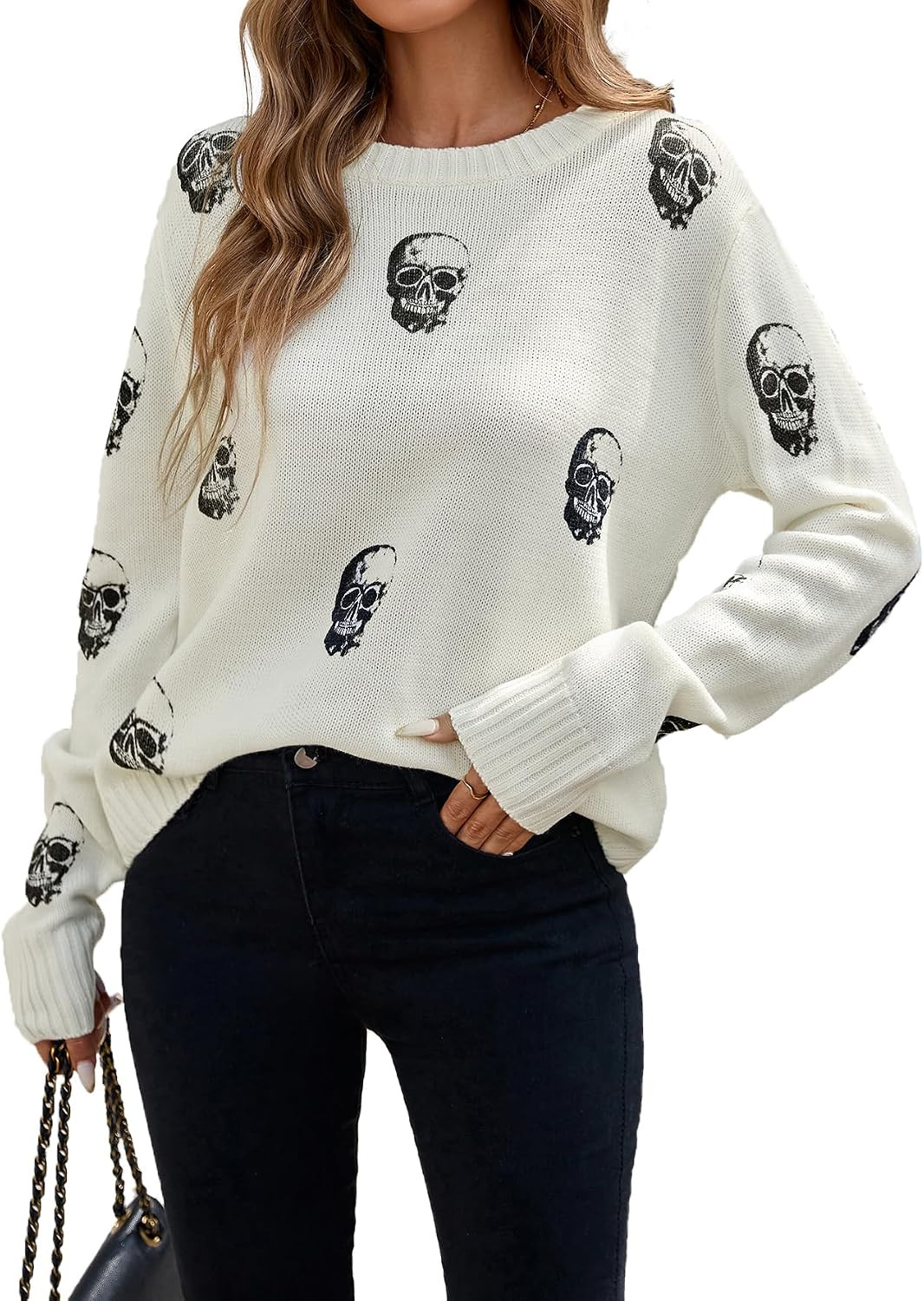 Womens Oversized Crew Neck Ribbed Knit Sweater Winter 2025 Trendy Long Sleeve Halloween Skull Sweaters | Amazon (US)