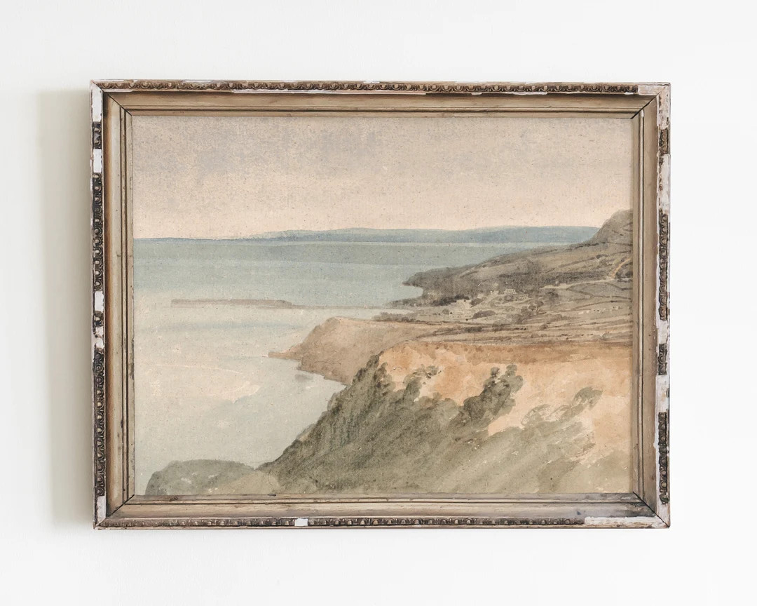 Coastal wall art vintage beach print, antique landscape painting beach watercolor art, ocean wall... | Etsy (US)