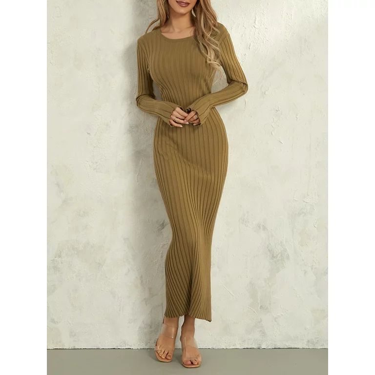 Fashionable Women's Knit Dress, Long Sleeve Ribbed Solid Autumn Maxi Dress | Walmart (US)