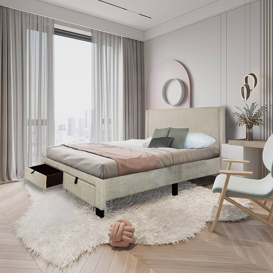 Queen Size Bedroom Platform Bed Frame with Corduroy Velvet Headboard and Drawer Storage,Modern Up... | Amazon (US)