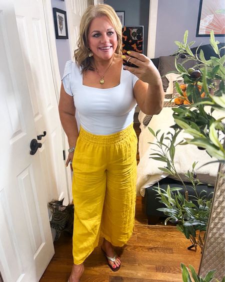 Back in stock! These SUPER comfortable pull-on linen pants!
I have these in 3 different colors, I’m obsessed. They are perfect for travel, vacation, date night, girls night or to wear to the office. 
They run true to size. Mine are all in a “medium petite” ( your girl isn’t tall ☠️)
Also, this Amazon bodysuit is a steal and a half! High quality, with a good amount of stretch, under $25!
Anthropologie, Tory Burch, travel outfit, vacation outfit, summer outfit, spring outfit, yelloww

#LTKSeasonal #LTKstyletip #LTKover40