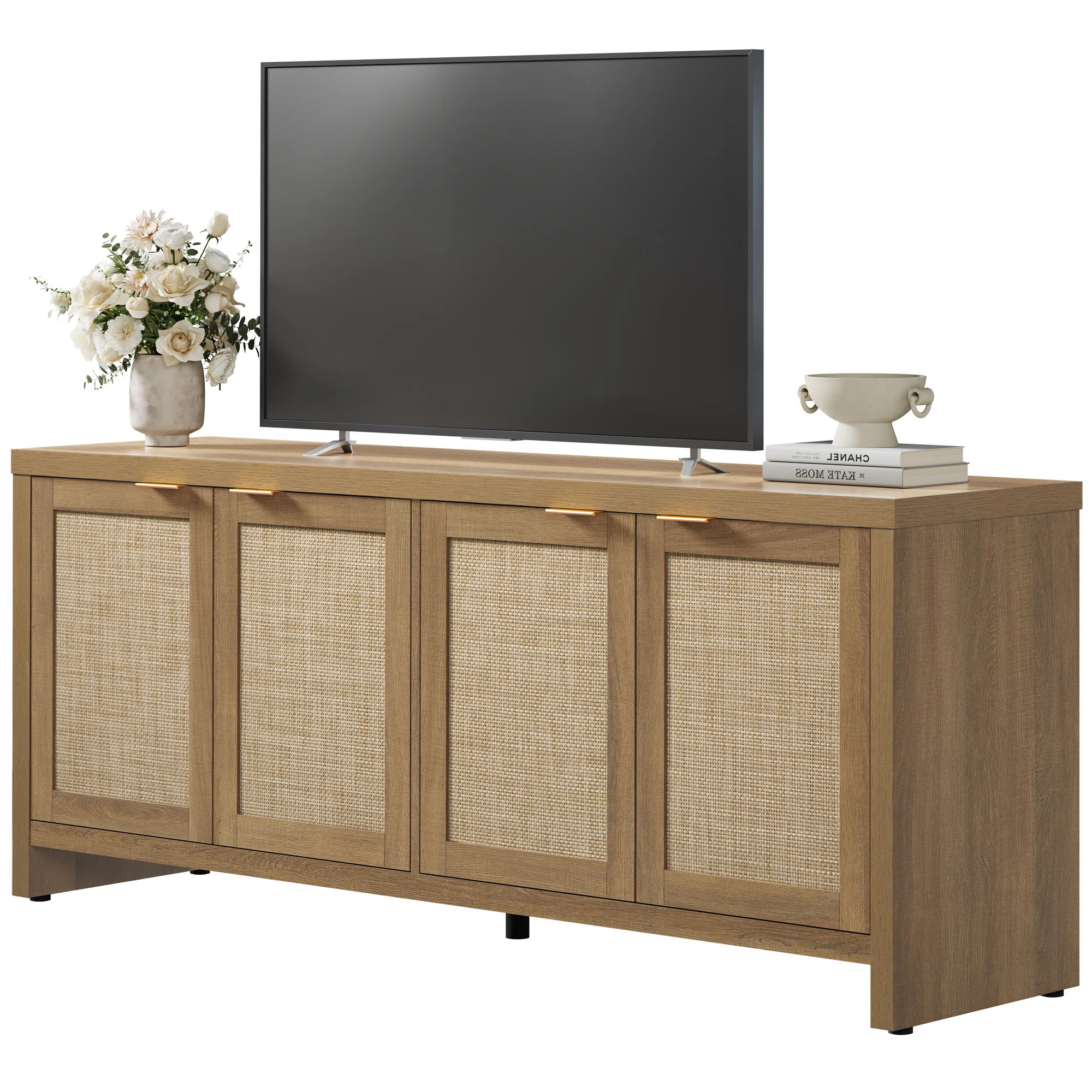 Boho TV Stand With 4 Rattan Storage Cabinets,  Farmhouse TV Entertainment Centre For Tvs Up To 65... | Wayfair North America