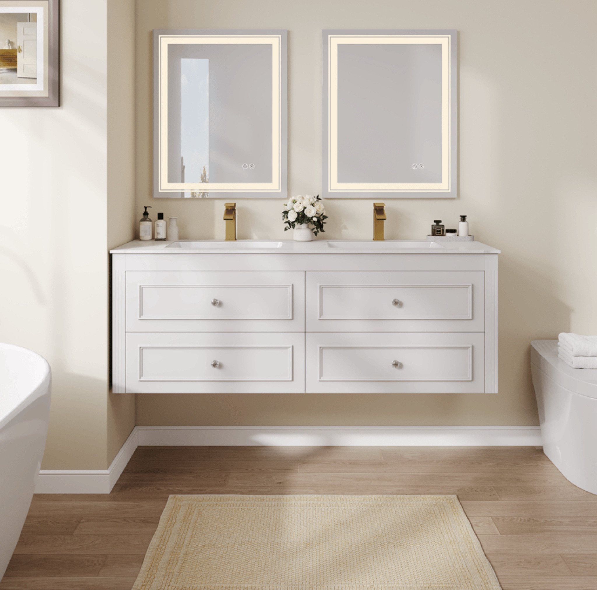 Modern 59.1‘’ White Floating Bathroom Vanity Set Ceramic Top Wall Mounted Bathroom Cabin

#LTKHome #LTKHoliday #LTKStyleTip